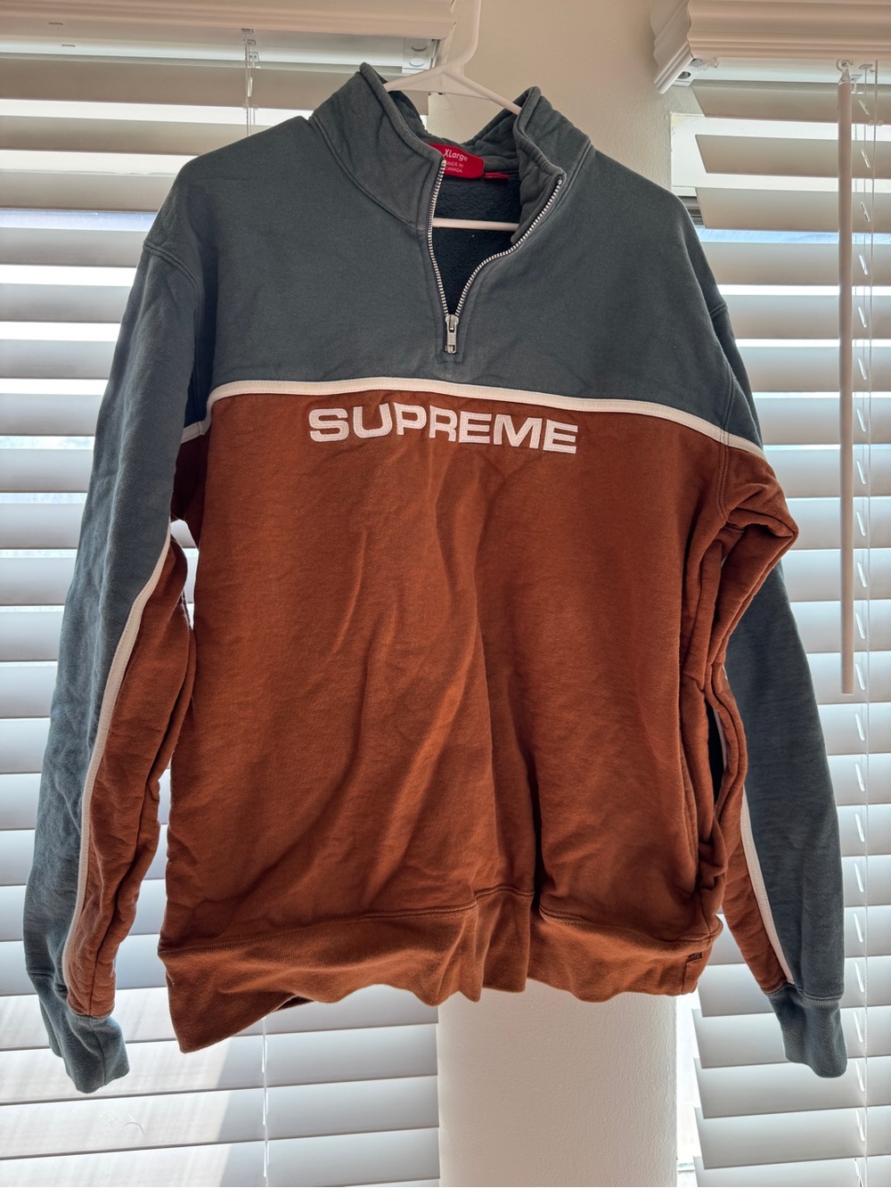Supreme Two-Tone Half-Zip Sweatshirt in Brown and Gray-Blue - Picture 2 of 10